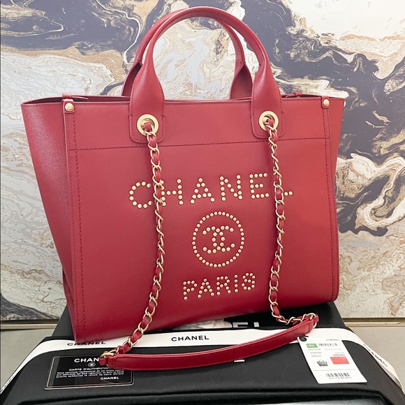 Sold! Chanel Medium Deauville Caviar Studded Red Leather Tote - Picture 3 of 15